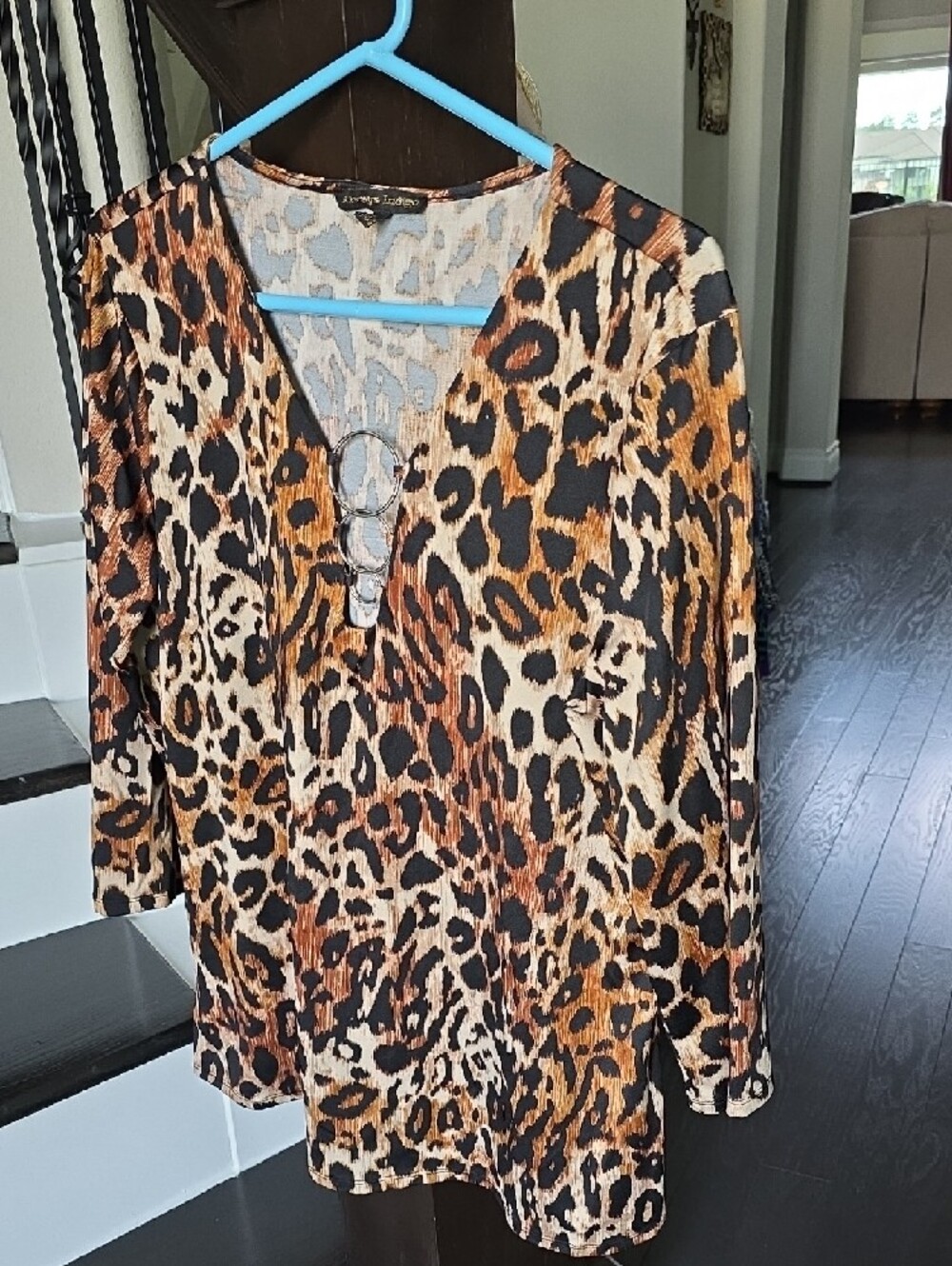 Women’s Leopard Print V-Neck Tunic with Ring Detail - Brown/Black - Picture 5 of 11